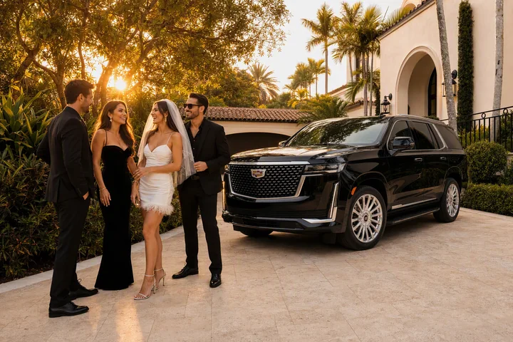 Black Cadillac Escalade beside adult friends gathering at a Miami villa for a bachelor and bachelorette celebration