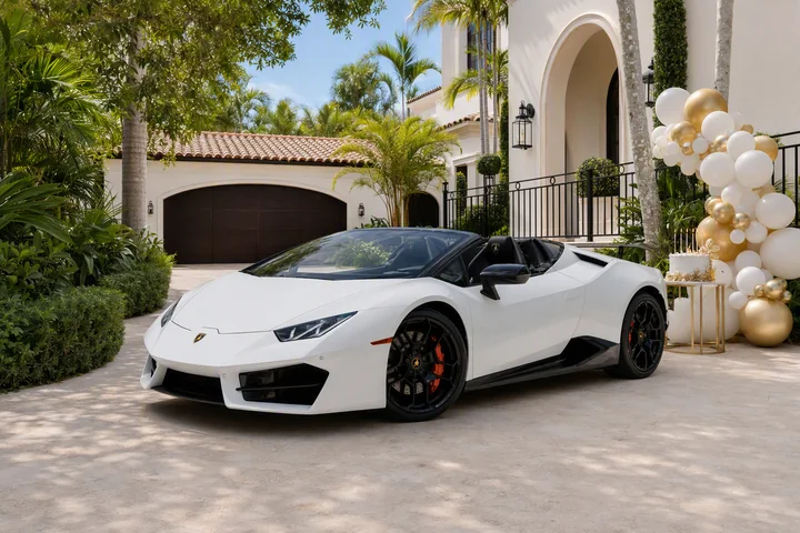 White Lamborghini Huracán Spyder beside ivory and gold balloons and a birthday cake at a Miami villa