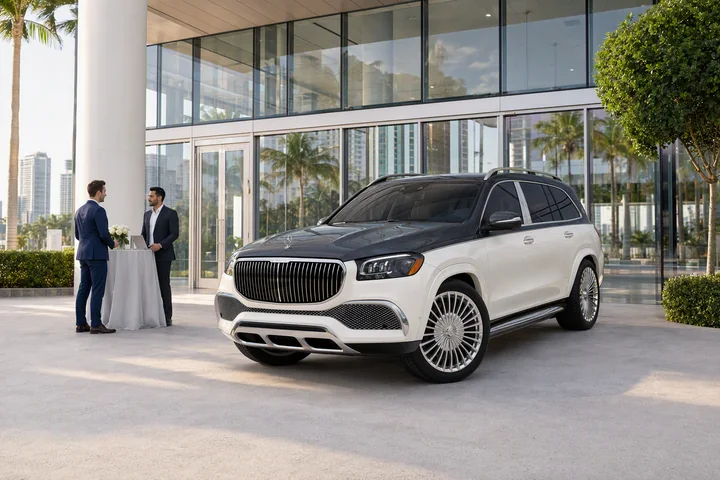 Two-tone Mercedes-Maybach GLS 600 outside a glass office entrance prepared for a business reception