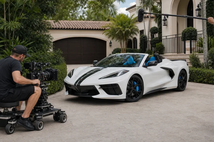 White Corvette C8 3LT at a courtyard film set with a cinema camera, dolly and boom microphone