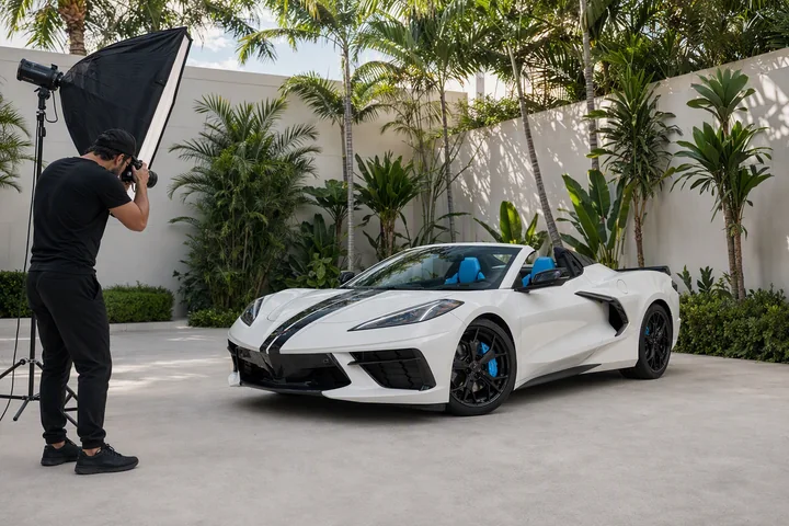 Photographer and studio light framing a white Corvette C8 3LT with blue seats in a tropical courtyard