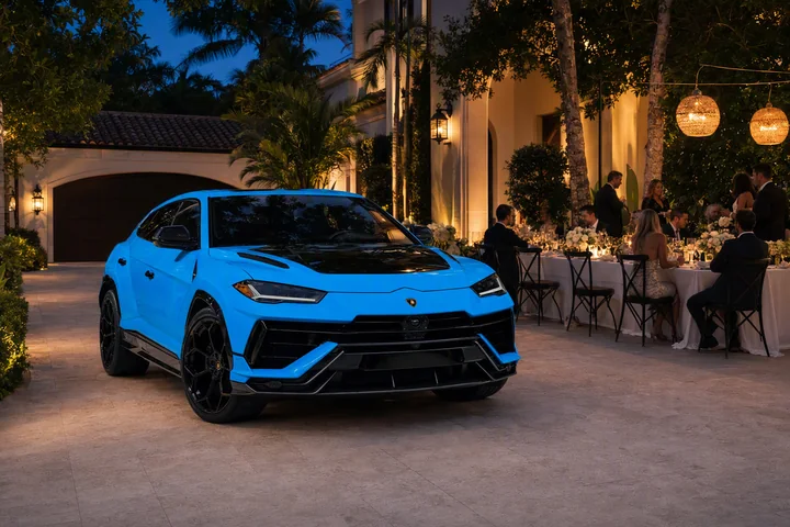 Baby-blue Lamborghini Urus Performante beside an outdoor private dinner with white linen and warm lights