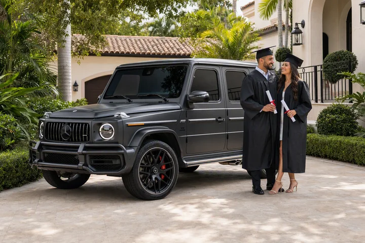 Matte-black Mercedes-AMG G 63 beside adult graduates in academic gowns and mortarboards