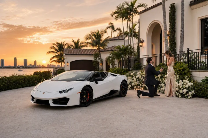 White Lamborghini Huracán Spyder beside a couple’s waterfront proposal at sunset
