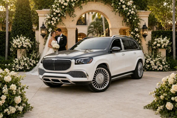 Two-tone Mercedes-Maybach GLS 600 beside a bride and groom at a white-flower wedding entrance