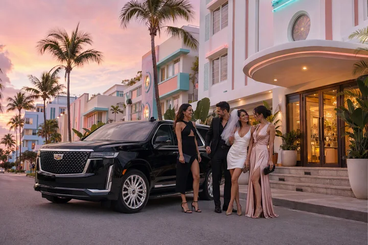 Black Cadillac Escalade with adult friends outside a pastel South Beach hotel for a bachelorette evening