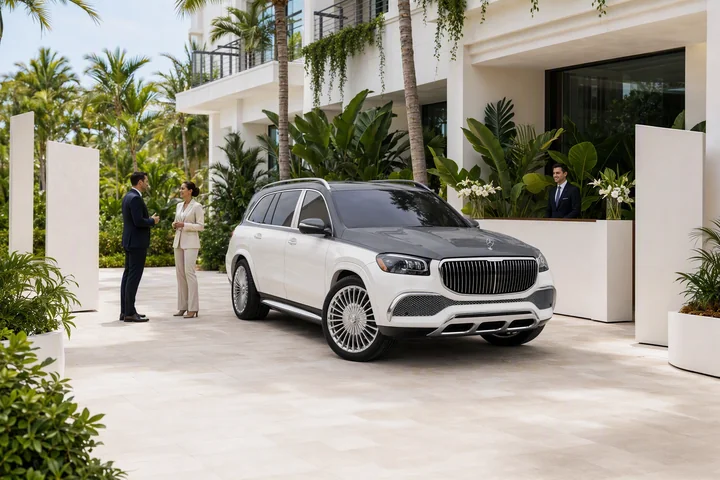 Two-tone Mercedes-Maybach GLS 600 beside a hotel reception with display panels and business guests