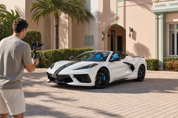 Creator filming a white Corvette C8 3LT with a camera gimbal outside a pastel Art Deco hotel