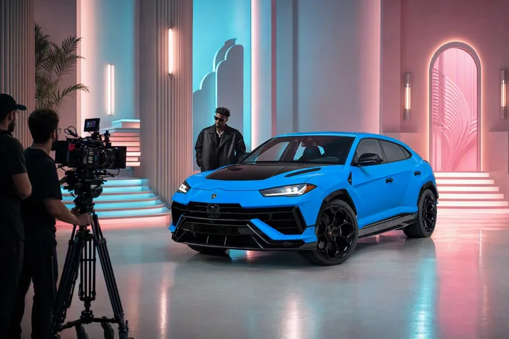 Baby-blue Lamborghini Urus Performante with a performer and film crew under cyan and rose studio lights