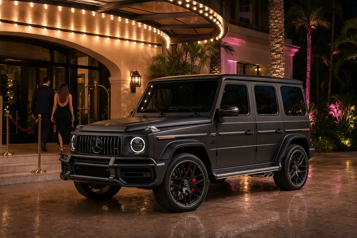 Matte-black Mercedes-AMG G 63 under warm hotel canopy lights as a dressed-up couple arrives for a night out