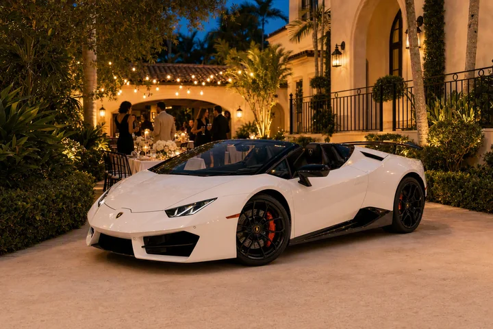 White Lamborghini Huracán Spyder beside a private palm-garden dinner with candles and warm string lights