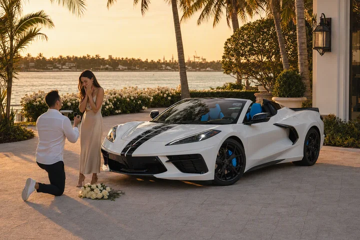 White Corvette C8 3LT near a couple’s proposal and white roses at a private waterfront hotel