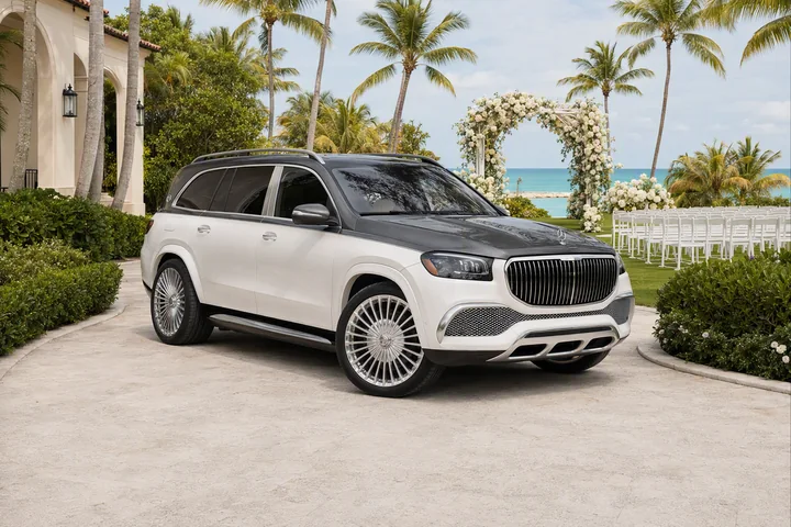 Two-tone Mercedes-Maybach GLS 600 on a coastal hotel driveway beside a floral wedding arch and ceremony chairs