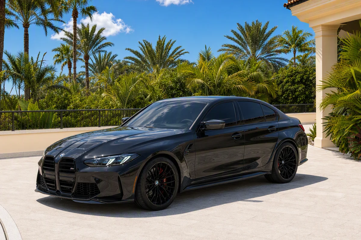 Black BMW M3 Competition, front three-quarter view