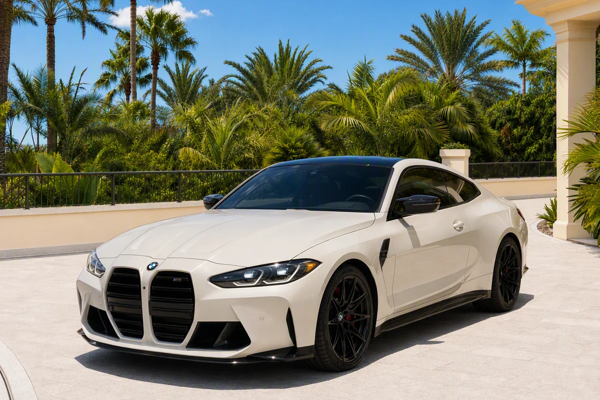 White BMW M4 Competition, front three-quarter view