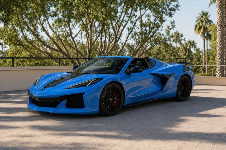 Blue 2024 Chevrolet Corvette Z06 3LZ convertible, front three-quarter view