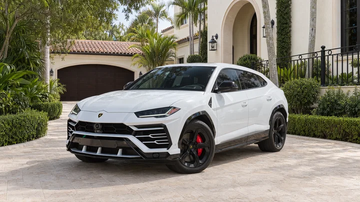 White 2020 Lamborghini Urus with black five-spoke wheels